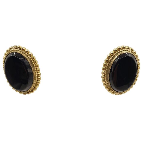 Whiting Davis Faux Black Onyx Clip Earrings Gold Tone MCM 1960s Oval Classic - Picture 3 of 6